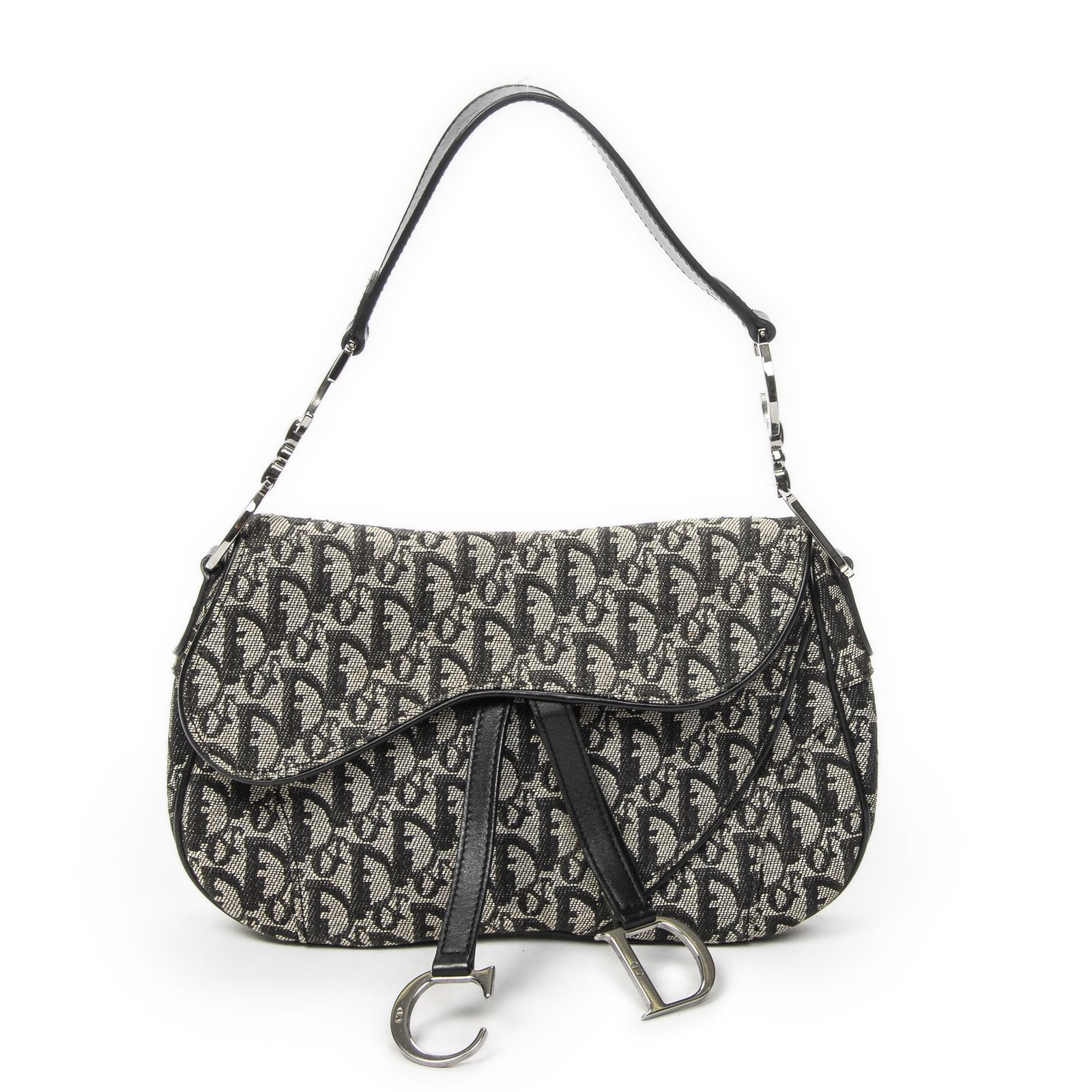 [中古] DIOR ディオールダブルサドルバッグブラック/ベージュトロッター柄 キャンバスA