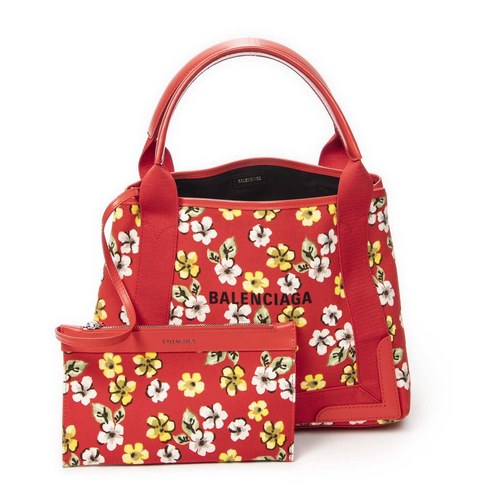 [中古] BALENCIAGA バレンシアガミニ ネイビー カバス赤花柄キャンバスA