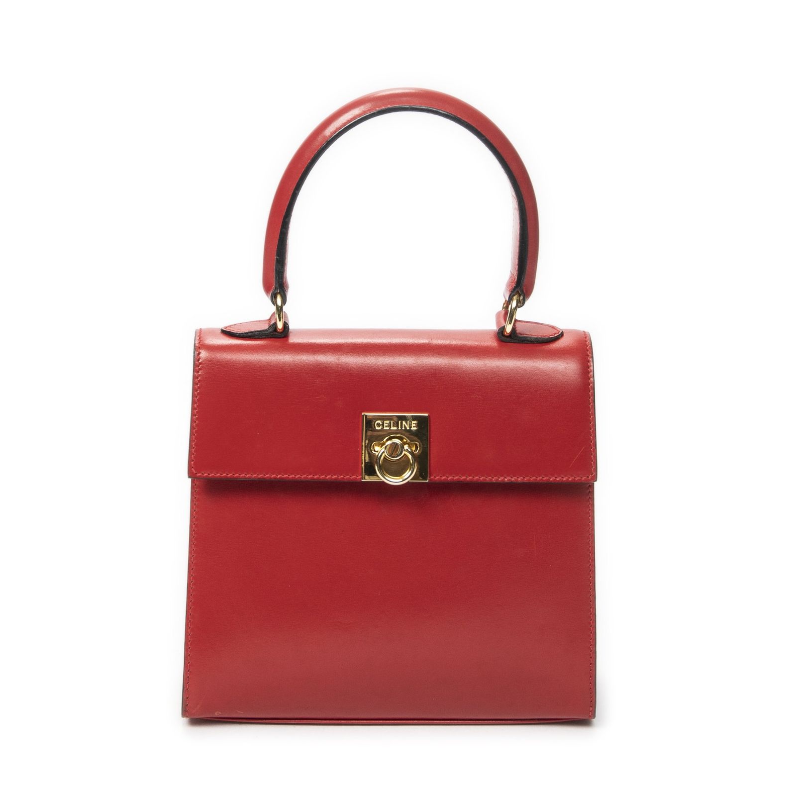 [中古] CELINE セリーヌヴィンテージフラップトップハンドル赤スムースカーフスキンレザーAB