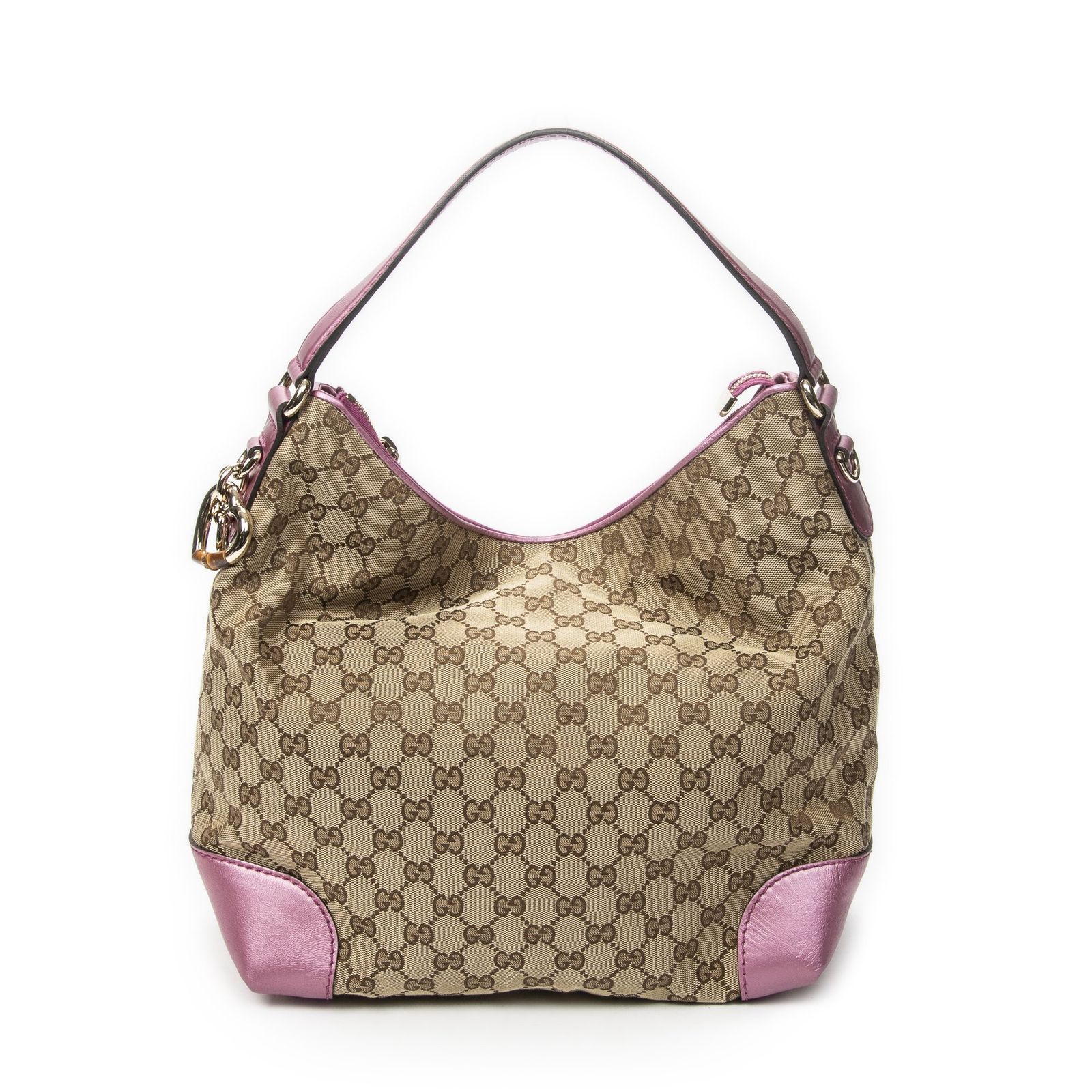 [中古] GUCCI グッチMedium Heart Bit Charm Hoboベージュ/ピンクGGキャンバスA