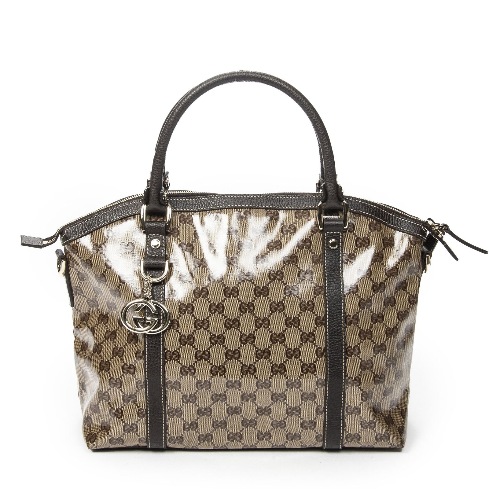 [中古] GUCCI グッチミディアム GGチャーム トップハンドルベージュ/ブラウンクリスタルPVCキャンバスA 56,155円
