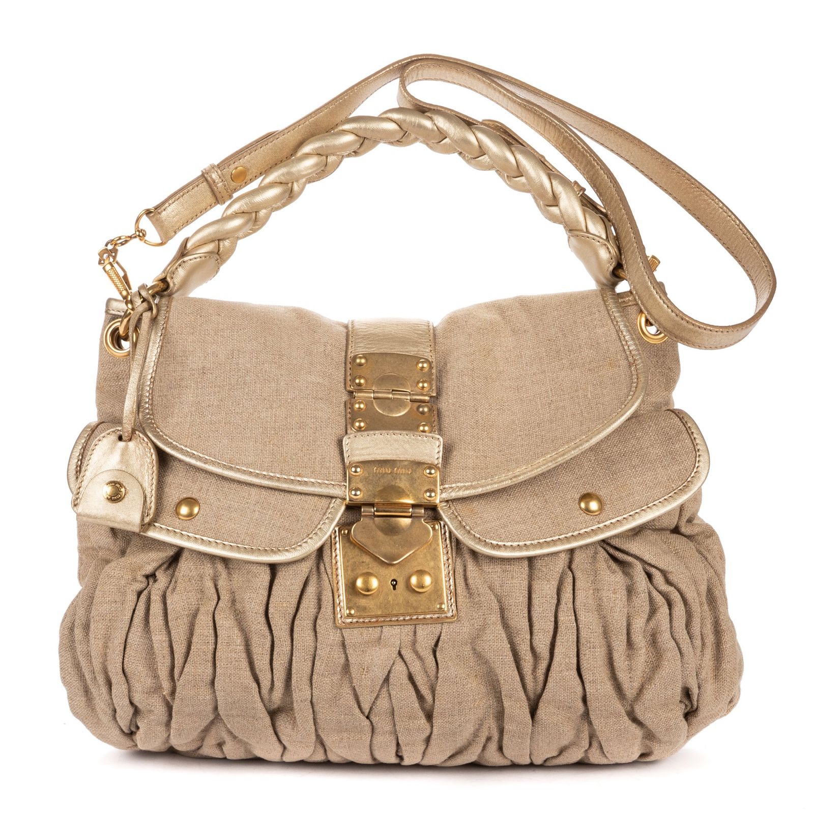 [中古] MIU MIU ミュウミュウHobo Bagベージュ/ゴールドMatelasse Coffer Woven CanvasA