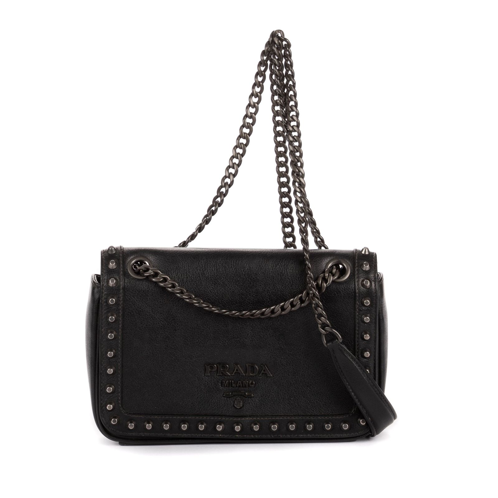 [中古] PRADA プラダStudded Flap Crossbody黒スタッズレザーA