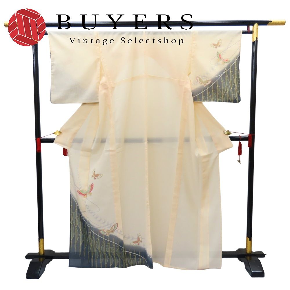 【中古】 訪問着・付下 絽 ポリエステル 着丈約162cm 裄丈約64.5cm ベージュ系 グレー 夏物 洗えるきもの 蝶 和装 呉服 和服 きもの レディース 女性