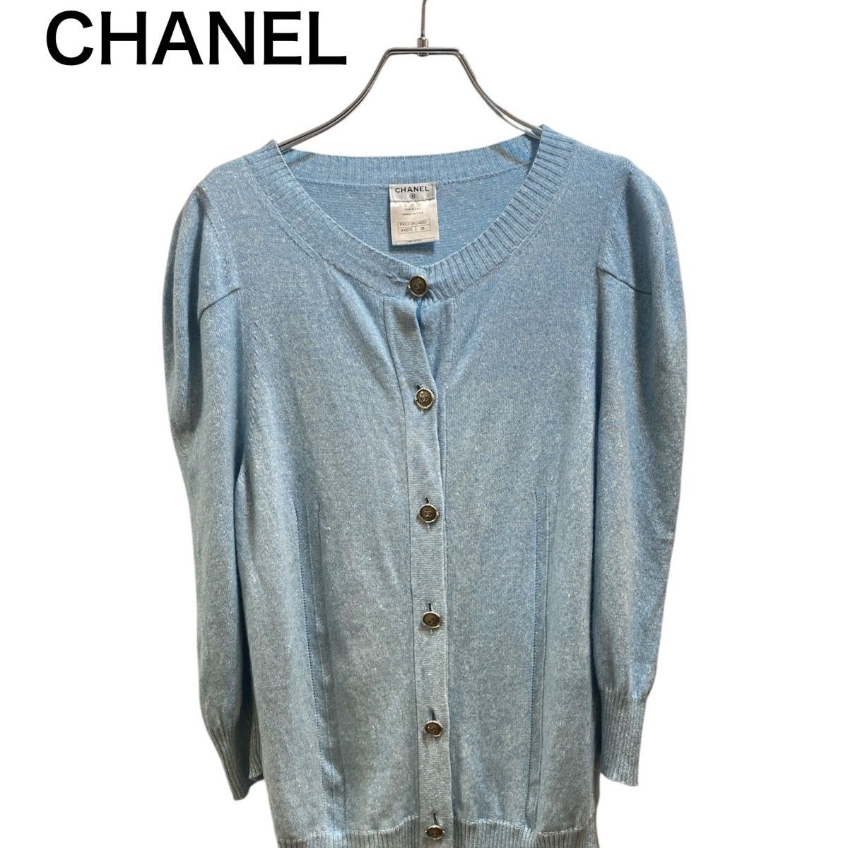 CHANEL シャネル パフスリーブ カーディガン 38 M カシミア 麻 ライト