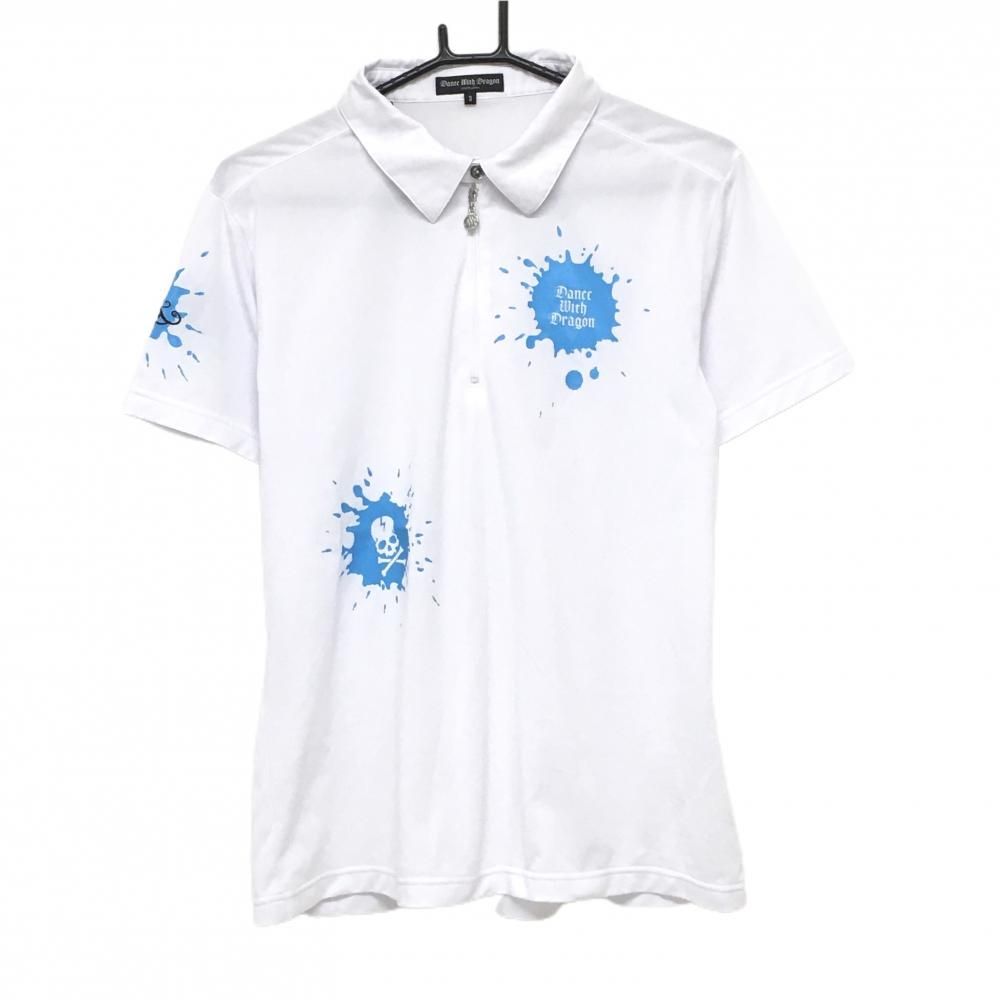 【超美品】ダンスウィズドラゴン 半袖ポロシャツ 白×ライトブルー メンズ 3(L) ゴルフウェア Dance With Dragon