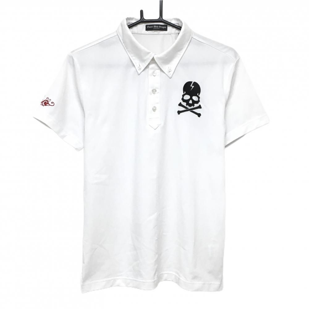 【美品】ダンスウィズドラゴン 半袖ポロシャツ 白系×黒 ボタンダウン 胸スカルロゴ メンズ 2(M) ゴルフウェア Dance With Dragon