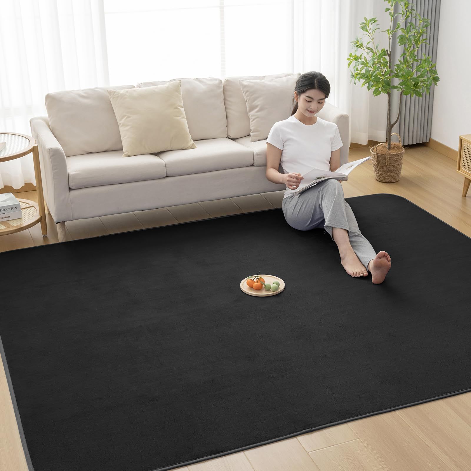 Matdeco カーペット ラグ ラグマット滑り止め付 洗える ブラック 200×300cm 約4.5畳 絨毯 防ダニ 抗菌 防臭 オールシーズン快適に使用 床暖房 ホットカーペット対応 ふわふわ肌触り フランネルラグ 無地 ブラックJu