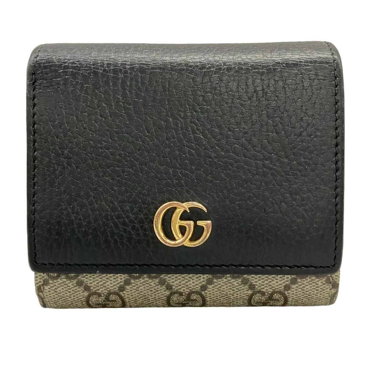GUCCI(グッチ) 2つ折り財布 GGマーモント/GGプラス・GGスプリーム 598587 黒×ベージュ×カーキ レザー
