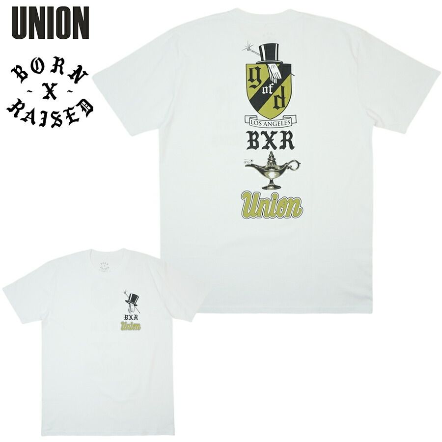 メンズ レディース TシャツBorn x Raised × Union Union Crest 半袖Tシャツボーンアンドレイズド ユニオン コラボカルチャー ストリート スケーター ホワイト 白男女兼用 ジェンダーフリー LA ロサンゼルス 西海岸