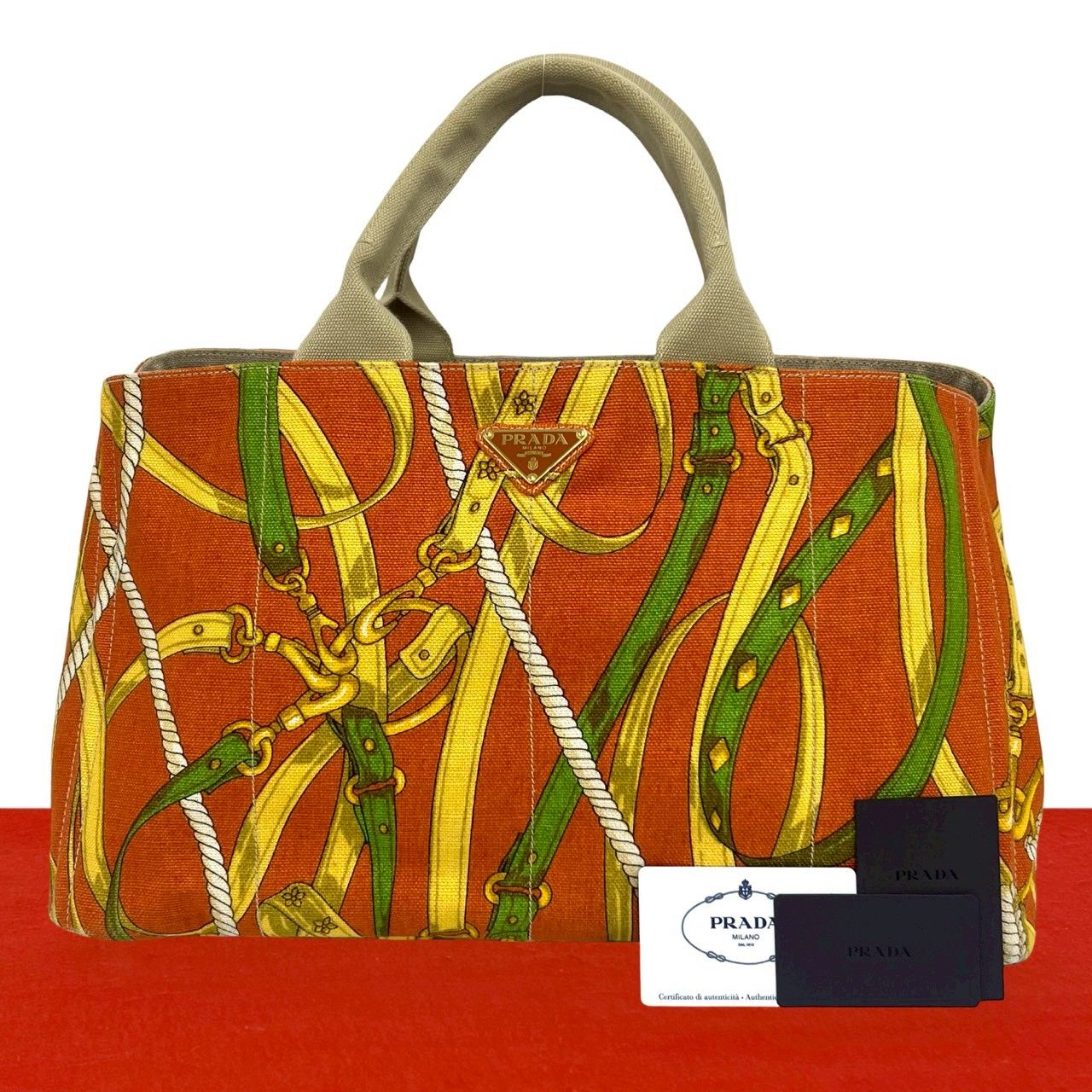 極 美品 PRADA プラダ カナパ 三角ロゴ トライアングル プレート 金具 キャンバス ハンドバッグ トートバッグ オレンジ ベージュ 66677
