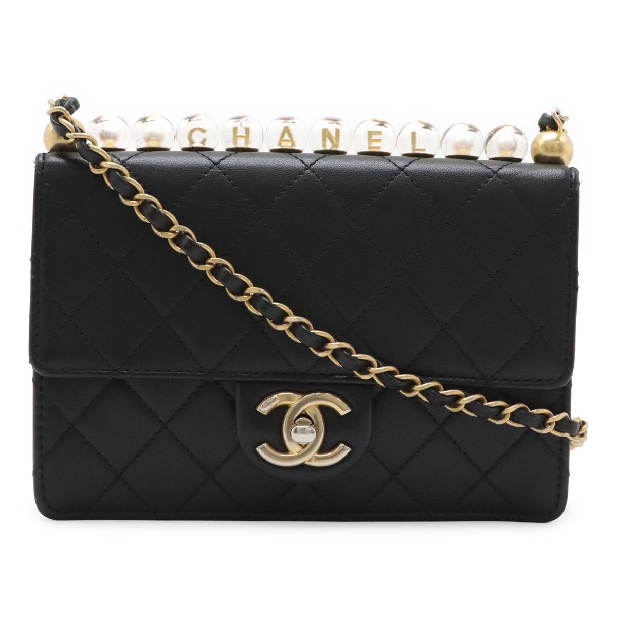 CHANEL シャネル マトラッセ ココマーク クリアパール チェーンショルダーバッグ フラップバッグ ゴートスキン ブラック 黒 ゴールド金具 AS0585