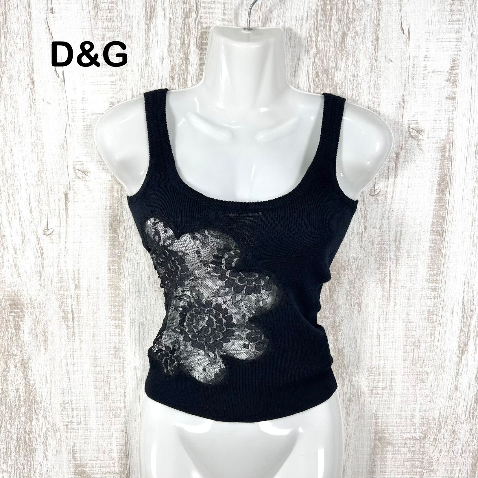 D&G DOLCE&GABBANA ドルチェアンドガッバーナ シースルーレース ウール リブニット タンクトップ ブラック y2k