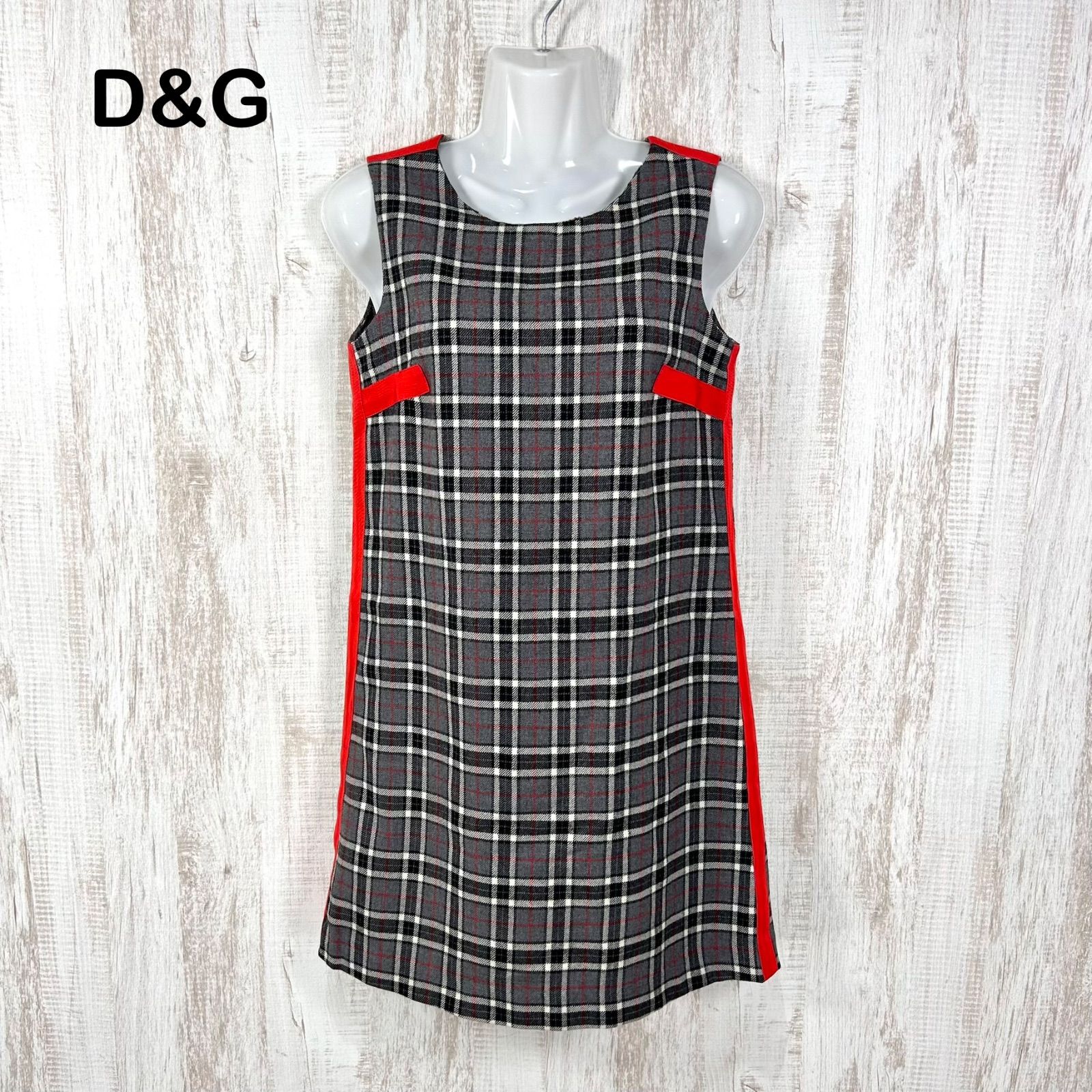 00s D&G DOLCE&GABBANA ドルチェアンドガッバーナ チェック ウール ノースリーブワンピース グレー y2k