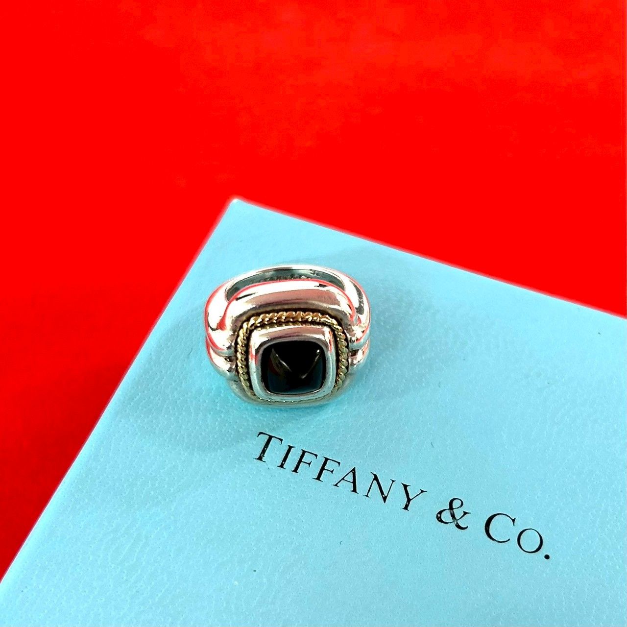 極 美品 TIFFANY&Co. ティファニー ヴィンテージ オニキス リング シルバー925 K18イエローゴールド 指輪 6号 アクセサリー シルバー 31355