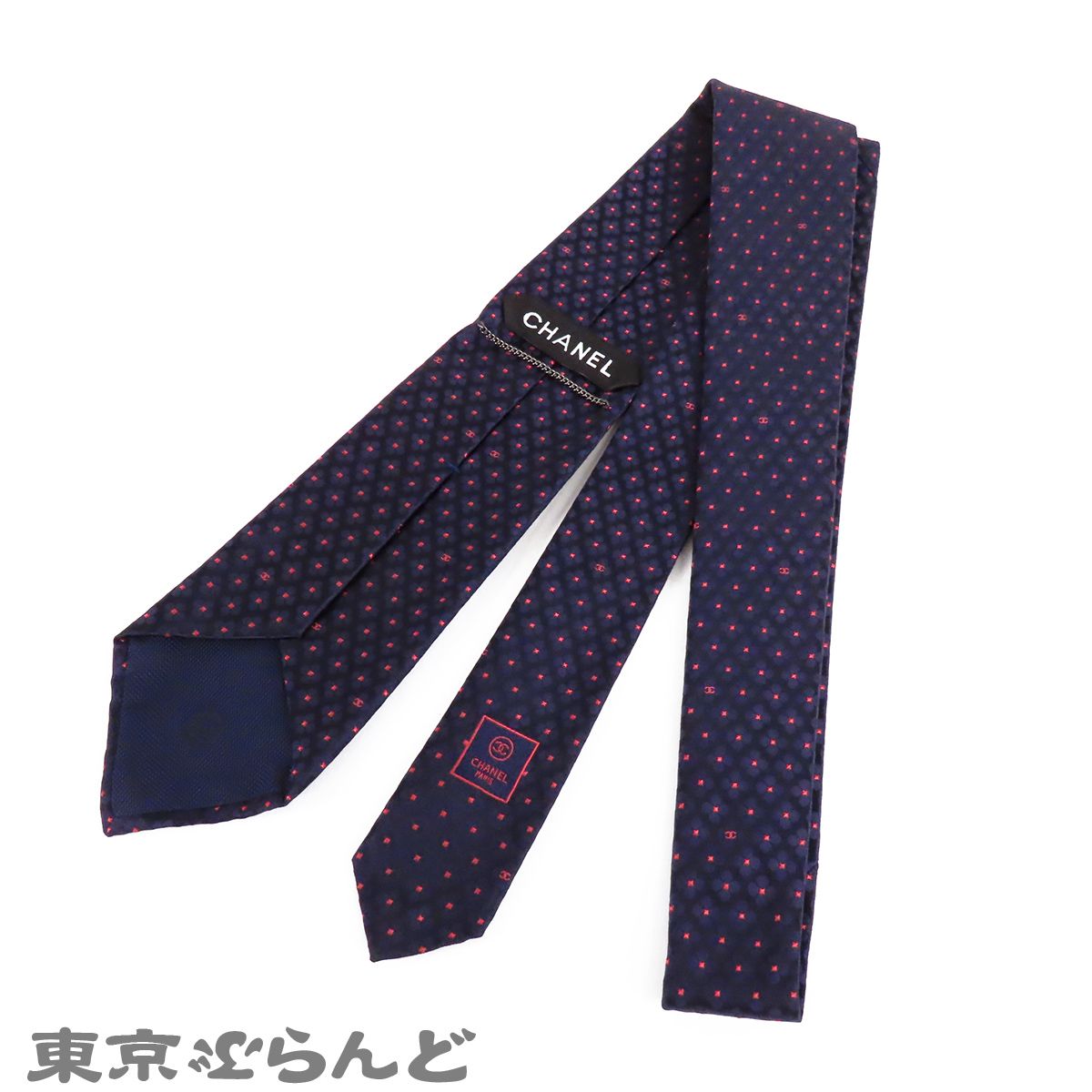 シャネル CHANEL ネクタイ ネイビーxピンク シルク ココマーク