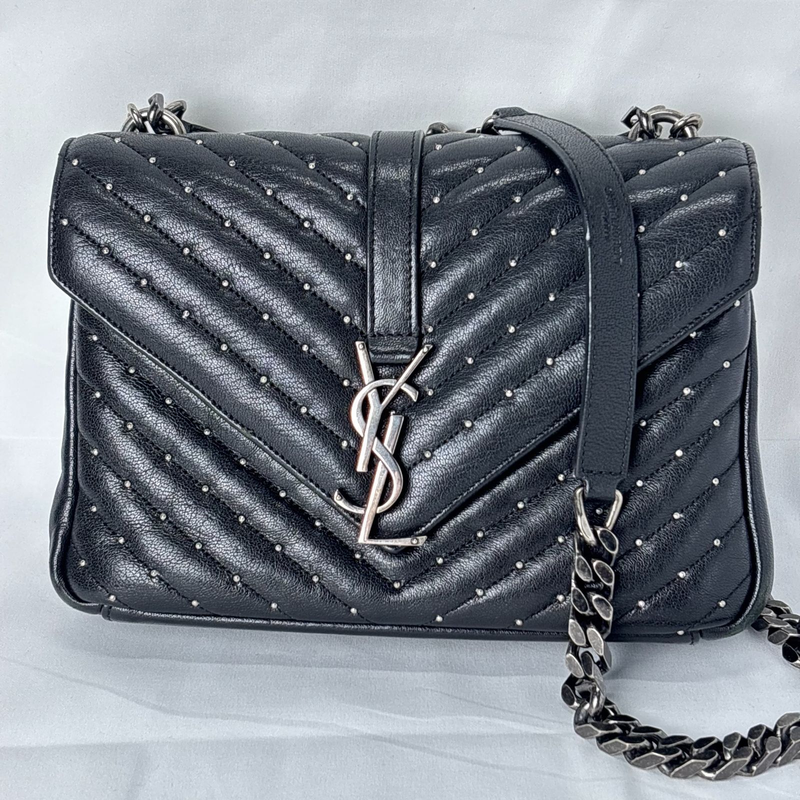 YVES SAINT LAURENT イヴサンローラン Medium College Bag 黒 シェブロンレザー スタッズ 2WAYチェーンショルダーバッグ