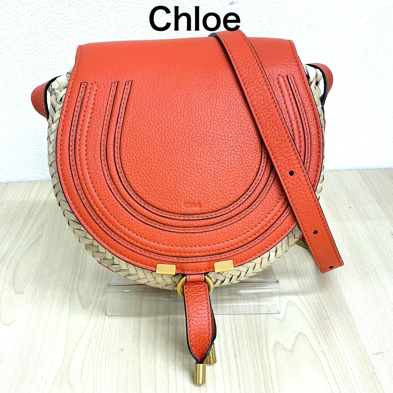 【クロエChloe】ほぼ新品 MARCIE丸型バッグ(カゴ) ショルダーバッグ オレンジ系×ベージュ 保存袋付き