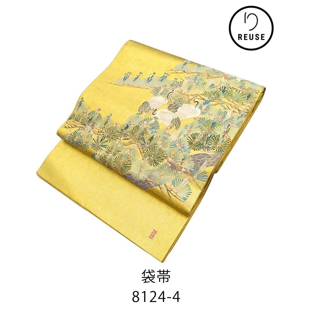 袋帯 リユース 中古 正絹 引箔 本加賀友禅作家 東藤岳監修 松鶴文様 金色 8124-4 フォーマル 礼装用