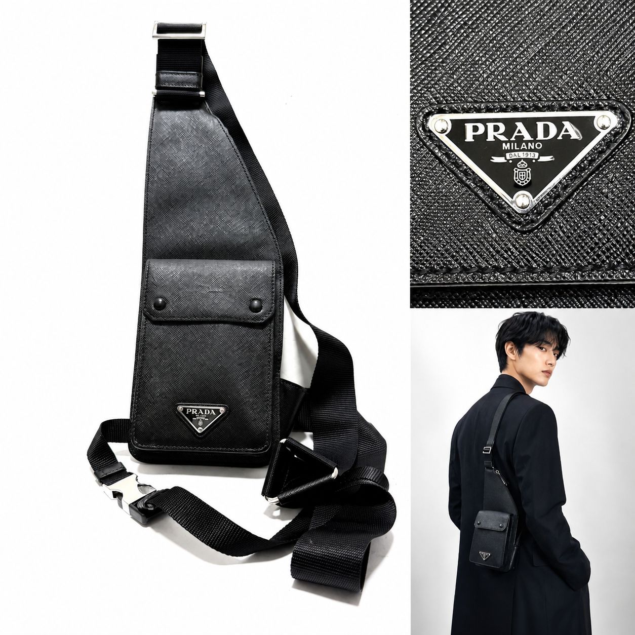 極美品　PRADA プラダ　サフィアーノレザー クロスボディバッグ　スリングバッグ　ブラック　トライアングルプレート　メンズ　男女　NERO　バッグ