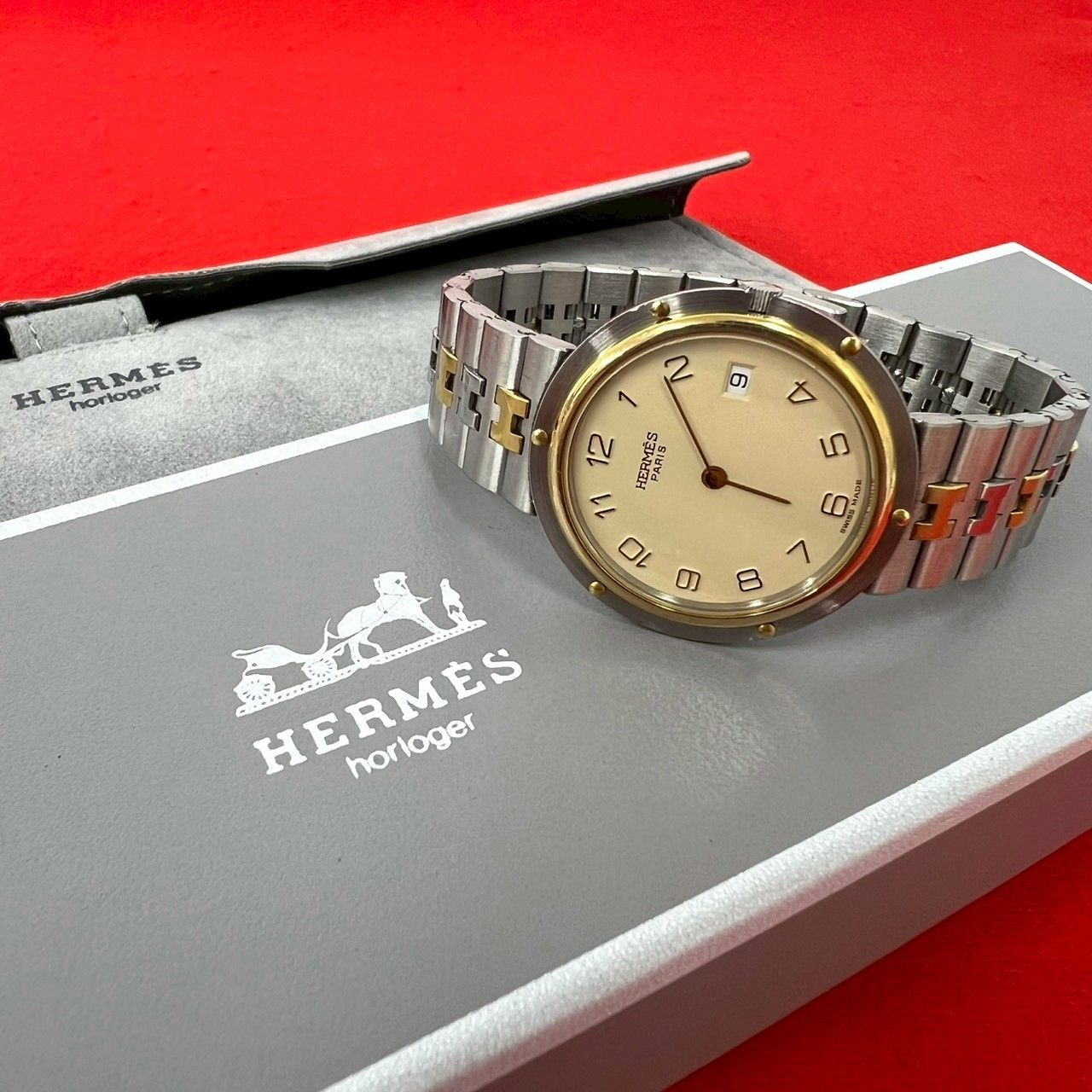 稼働品 極 美品 箱付き HERMES エルメス クリッパー ステンレス GP クォーツ 腕時計 リストウォッチ シルバー ゴールド 32086