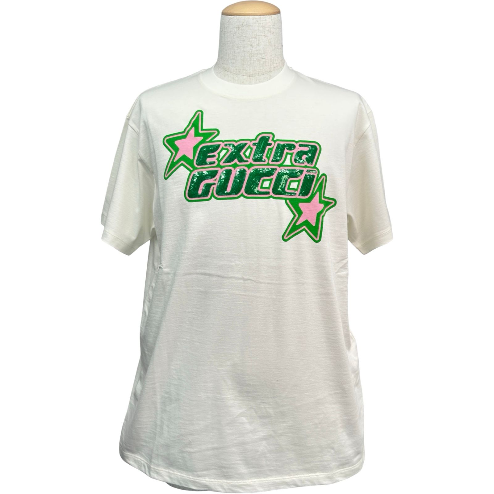 グッチ GUCCI スパンコール装飾ロゴTシャツ 776596 ホワイト コットン メンズ 半袖Ｔシャツ