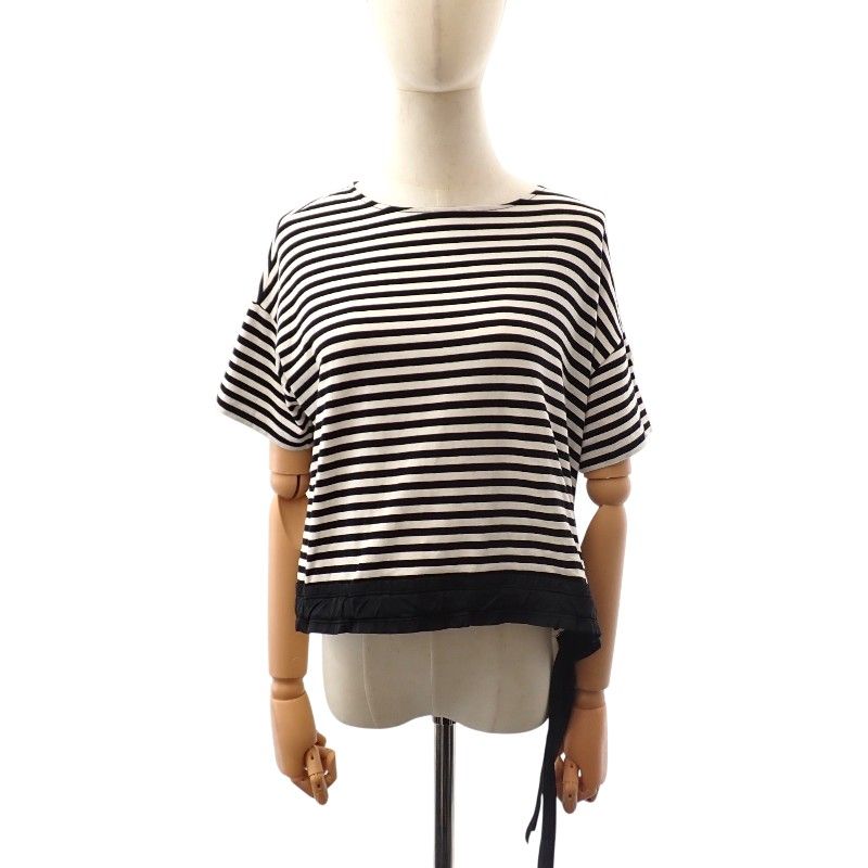 モンクレール MONCLER ドローコード ボーダー カットソー XS D10938082800 半袖Ｔシャツ コットン ポリウレタン ブラック ホワイト レディース【中古】【ABランク】