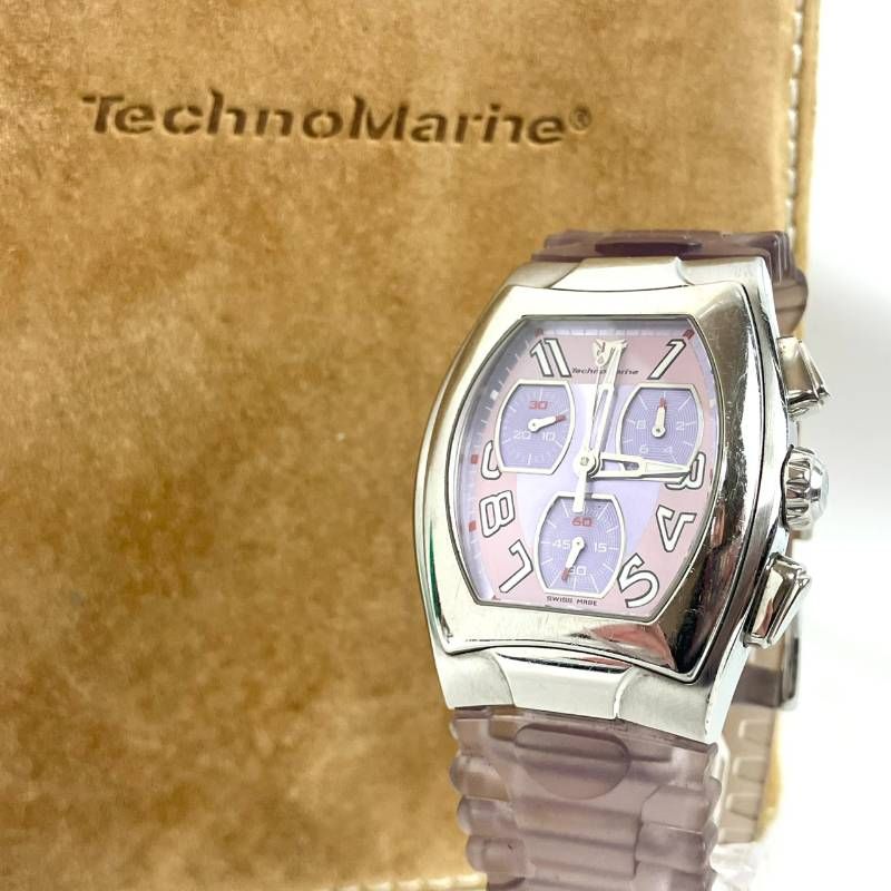 稼働品　新品電池交換済み　TechnoMarine　テクノマリーン　TSCM 00735　アナログ　クロノグラフ　腕時計　ピンク文字盤　スイス製　サファイアガラス　交換用ベルト付属　W133