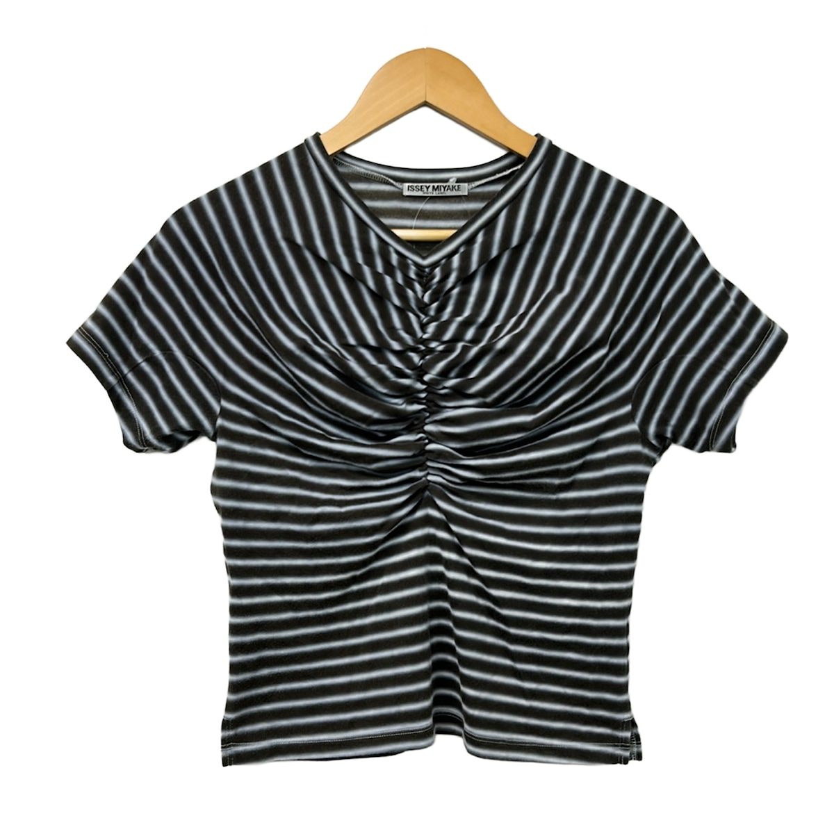ISSEYMIYAKE(イッセイミヤケ) 半袖カットソー サイズ3 L レディース美品 IM42JK130 グレー×白×ブルー WHITE LABEL/ボーダー/ツイスト