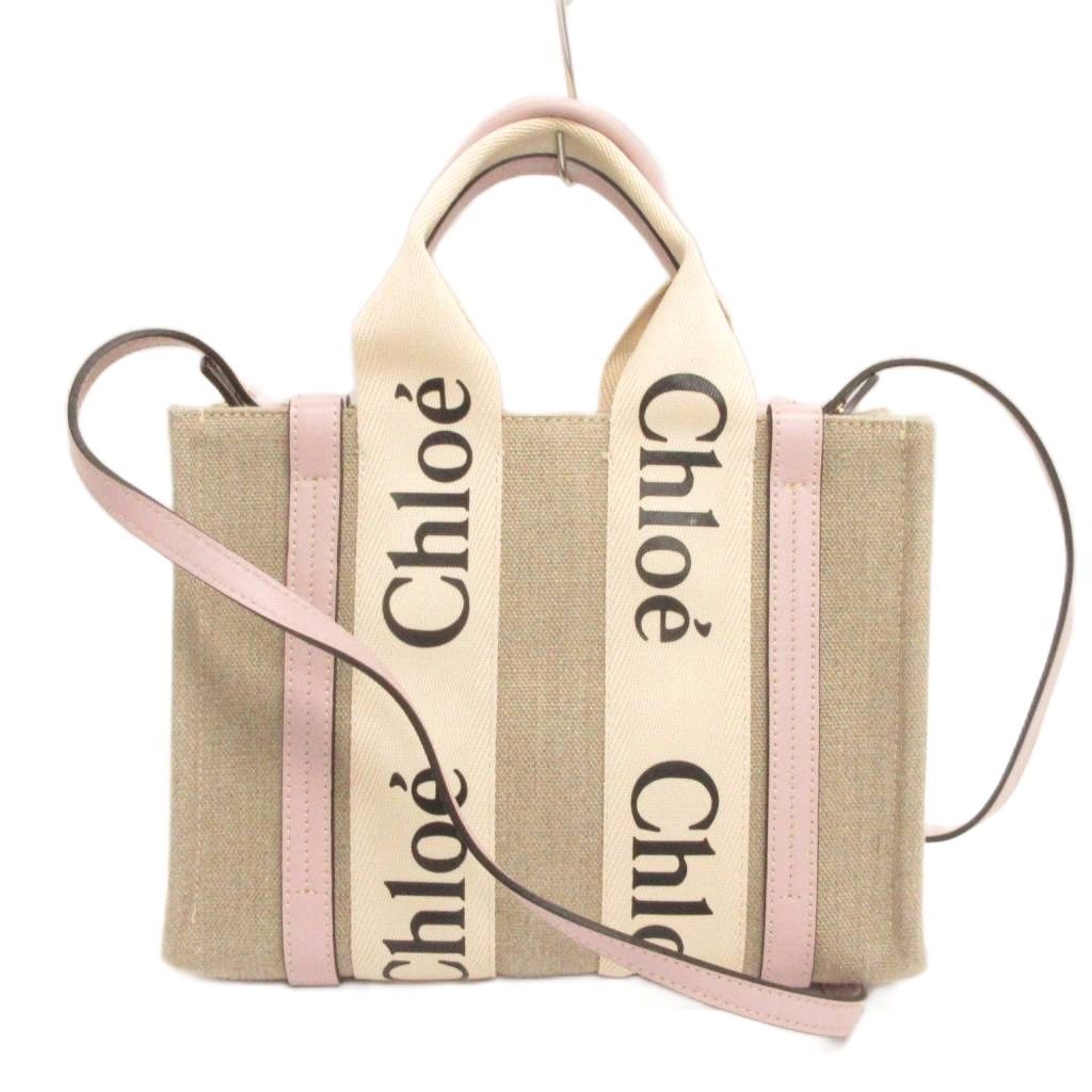 クロエ CHLOE ウッディ スモール ショルダーバッグ ハンド 2WAY 斜め掛け キャンバス レザー ピンク ベージュ 鞄
