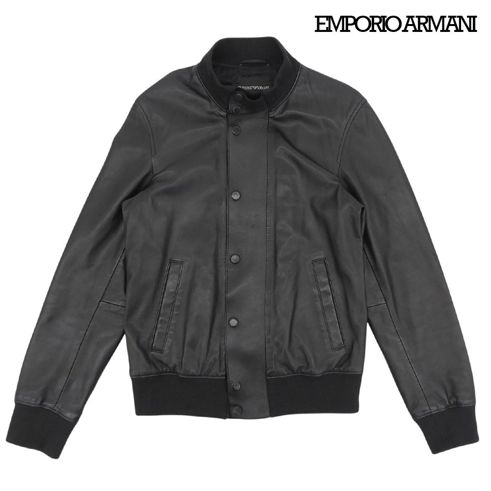 超美品 エンポリオアルマーニ Emporio Armani 現行黒タグ ラムレザー スタンドカラー ジャケット M 46 170-175cm 黒 メンズ ボンバー ライダース