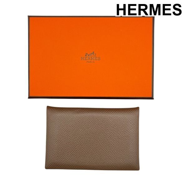 ● エルメス HERMES カルヴィ デュオ カードケース 小物 雑貨 W刻印 開閉式 スナップボタン エトゥープ レザー ユニセックス 6V619