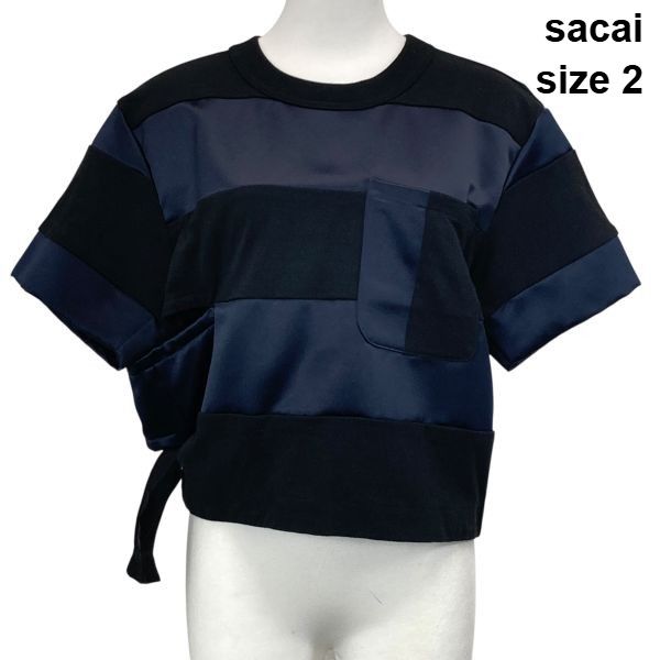 □ サカイ sacai 異素材ミックス ドッキングカットソー 半袖 サテン生地 ボーダー 光沢 黒 ネイビー コットン 2 M ９号 レディース S6F272 15,464円
