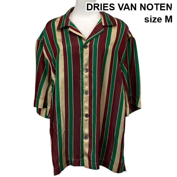 □ ドリスヴァンノッテン DRIES VAN NOTEN マルチストライプ柄サテンシャツ オープンカラー 半袖 ドロップショルダー 光沢 M メンズ S6F254