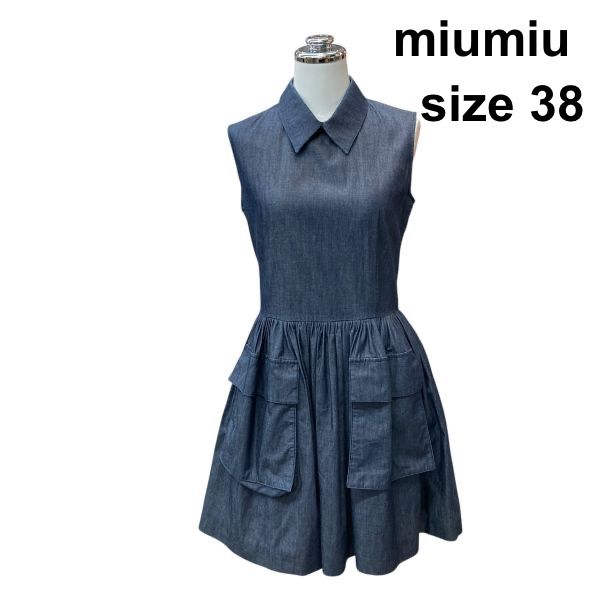 ●□ ミュウミュウ MIU MIU デニムワンピース ノースリーブ シャツカラー 膝丈 ギャザーフレア ネイビー 綿 38 S～M 9号 レディース Z6C794