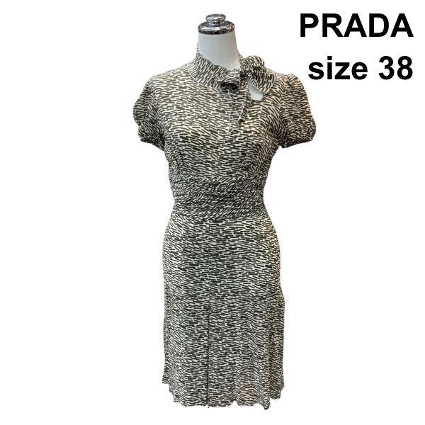□ プラダ PRADA ボウタイワンピース 半袖 パフスリーブ 幾何学模様 ウエストギャザー ブラウン系 シルク混 38 S～M 9号 レディース Z6C795