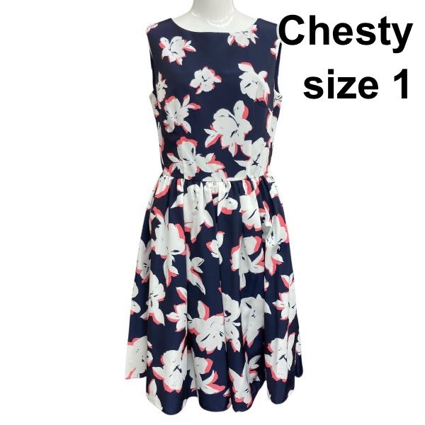 ◇ チェスティ Chesty フレアワンピース 膝丈 ボートネック ノースリーブ 切替えギャザー ネイビー 白 ピンク 1 S 7号 レディース Z6C797