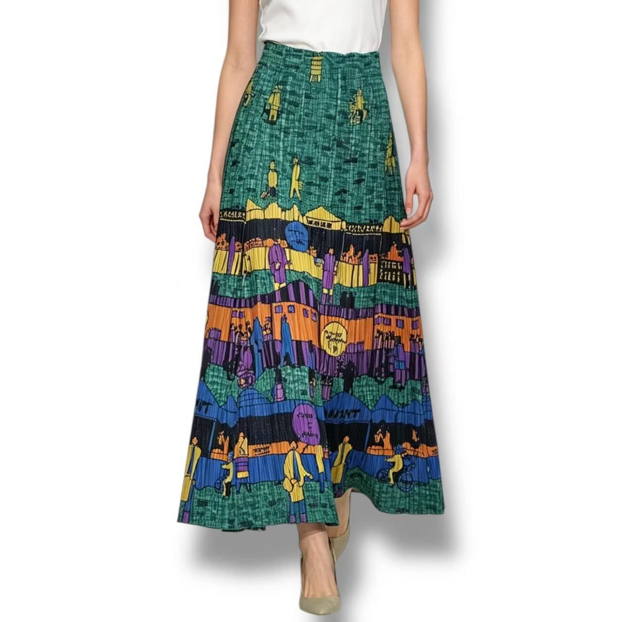 レア 希少 極美品 ISSEY MIYAKE イッセイミヤケ PLEATS PLEASE プリーツプリーズ スカート 石畳の街の風景 グリーン サイズ5 149,440円