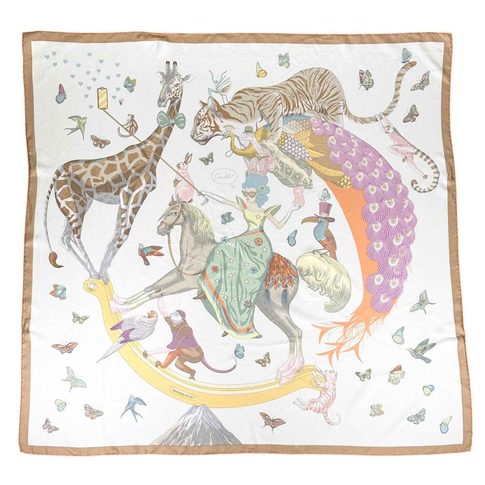 美品▲HERMES エルメス カレ90 エルメス・ストーリー シルク100％ OUISTITI アニマル スカーフ マルチカラー フランス製 レディース