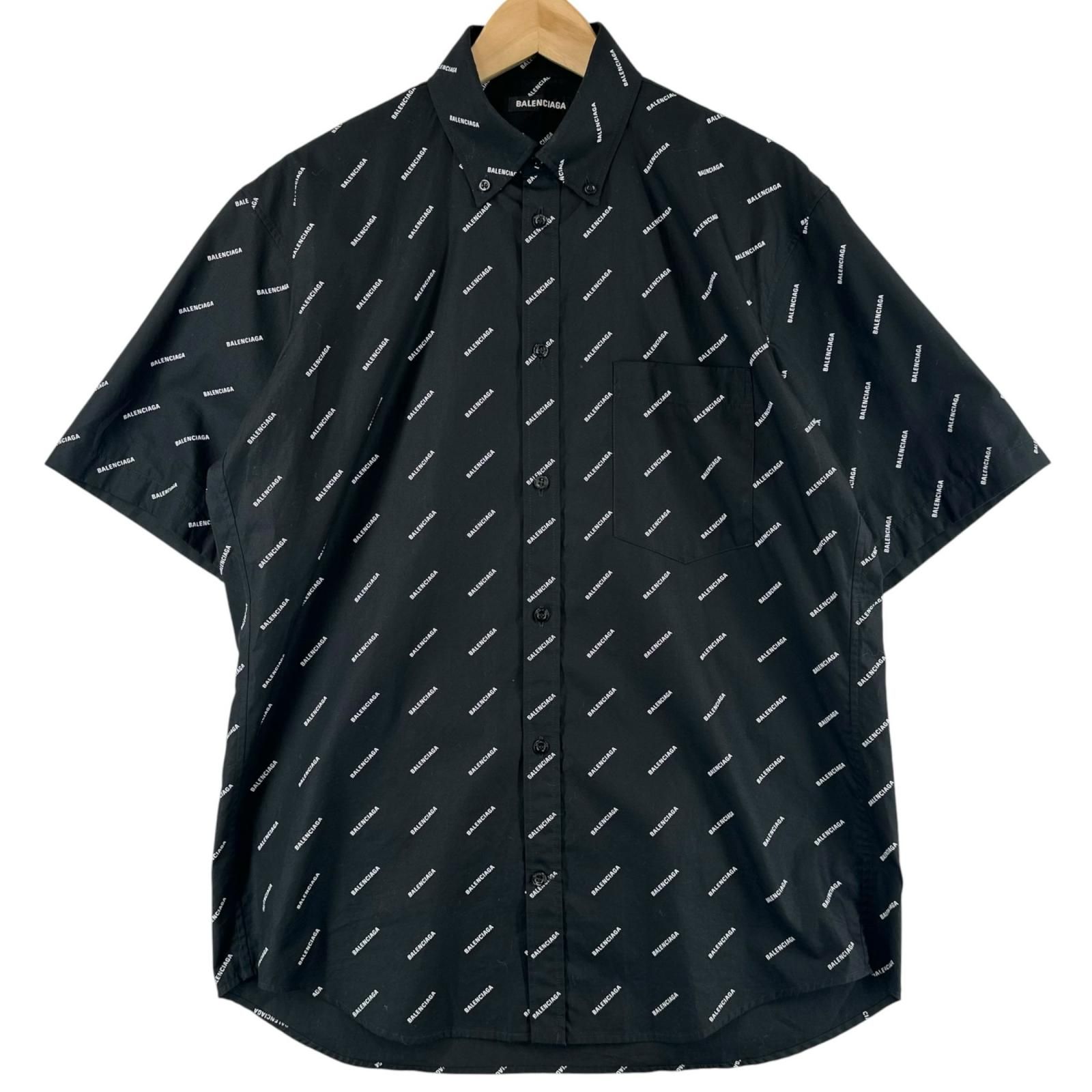 極美品▲BALENCIAGA バレンシアガ 534332 All Over Logo Short Sleeve Shirt コットン100% ショートスリーブ オーバーサイズシャツ 半袖シャツ ブラック 36 イタリア製 正規品 メンズ