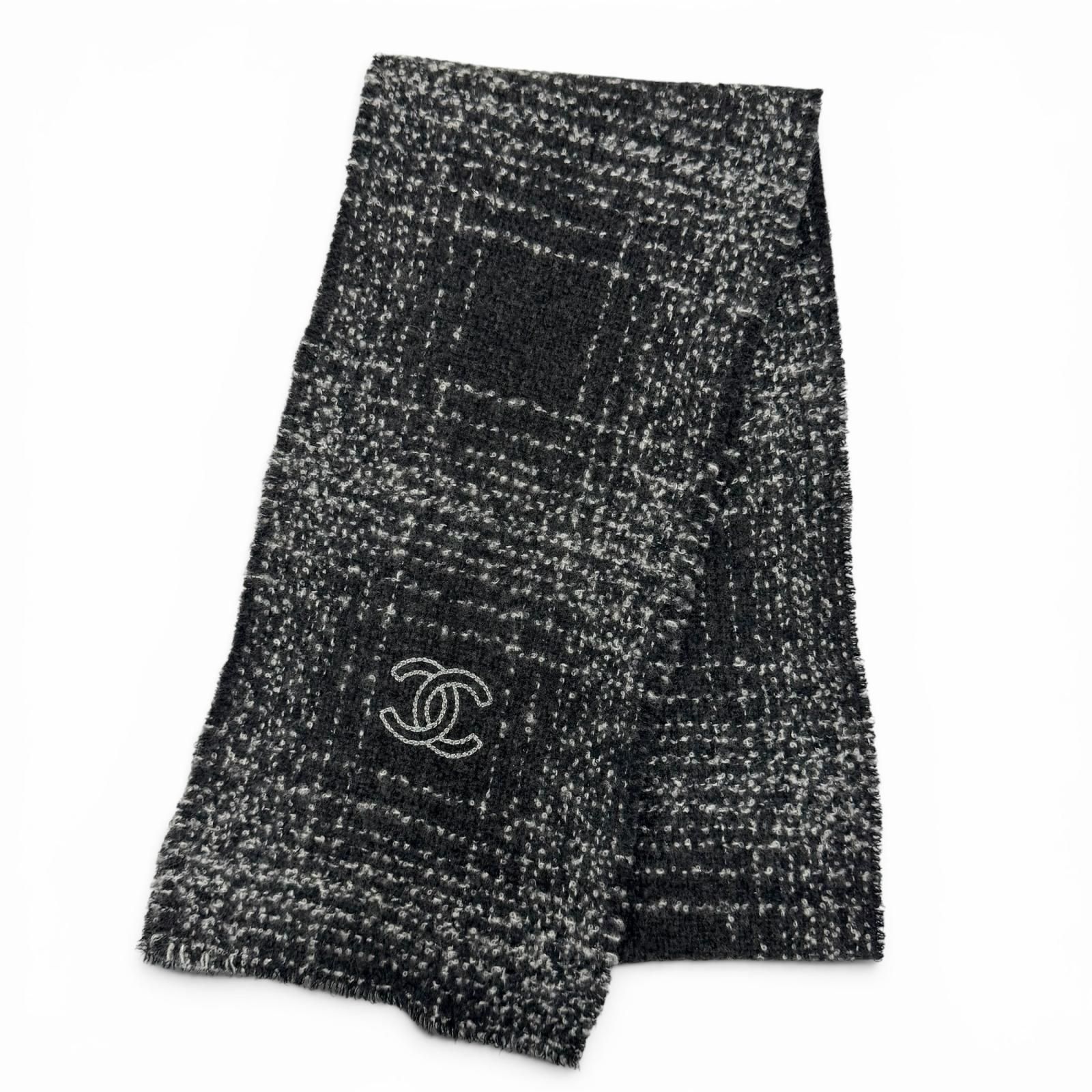 美品△CHANEL シャネル カシミヤ ウール シルク混 ココマーク ツイード ロング マフラー ブラック グレー イタリア製 レディース