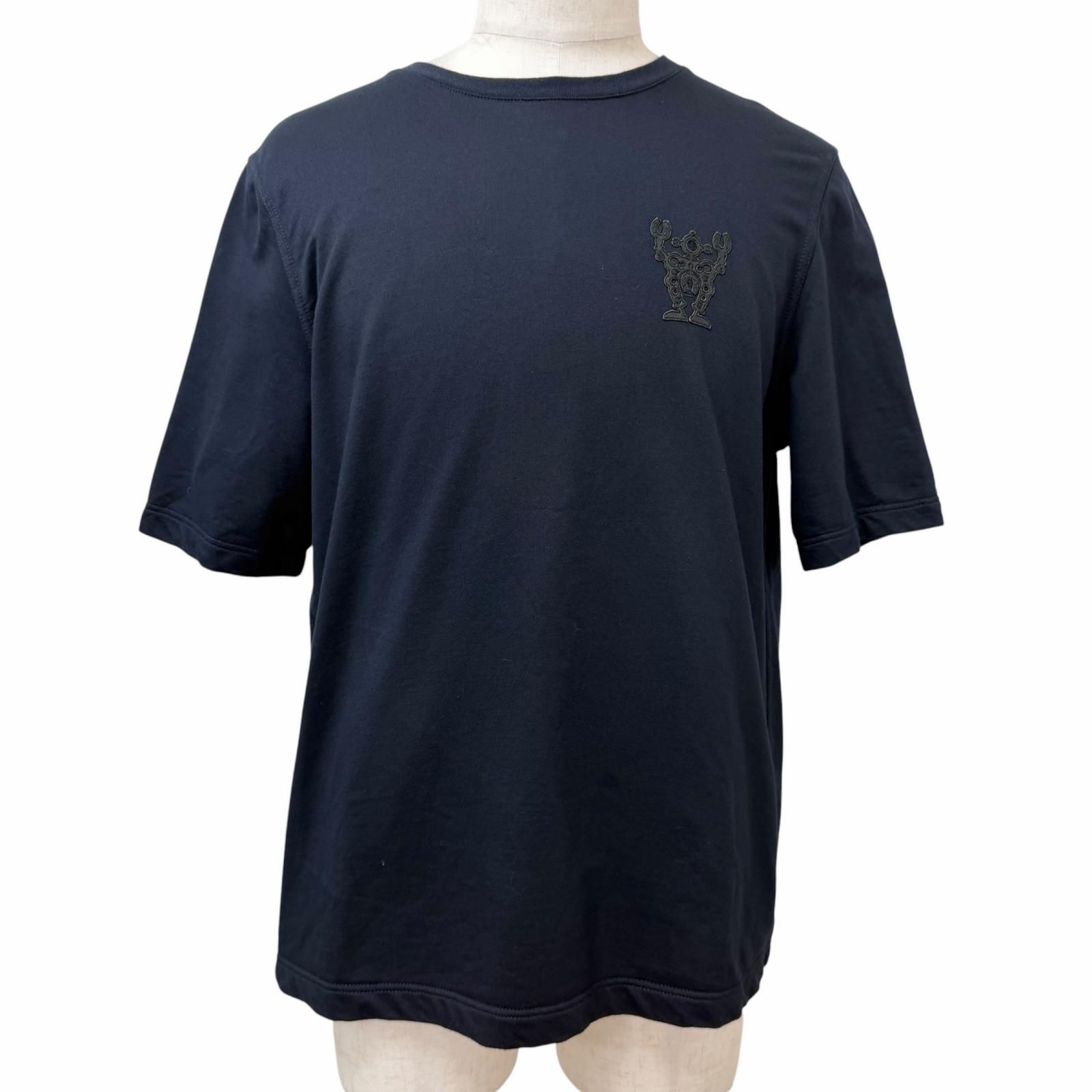 美品□HERMES エルメス ハロー ミスター ファリエール ロボット ラムレザーパッチ 半袖Ｔシャツ カットソー ネイビー M イタリア製 メンズ
