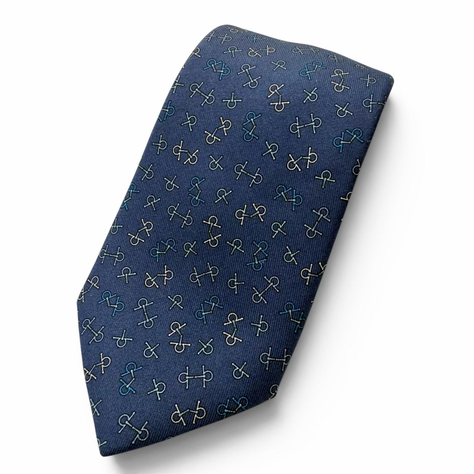極美品□HERMES エルメス 6362HA シルク100％ ビット 金具 総柄 レギュラータイ ネクタイ ブルー フランス製 メンズ ビジネスオススメ