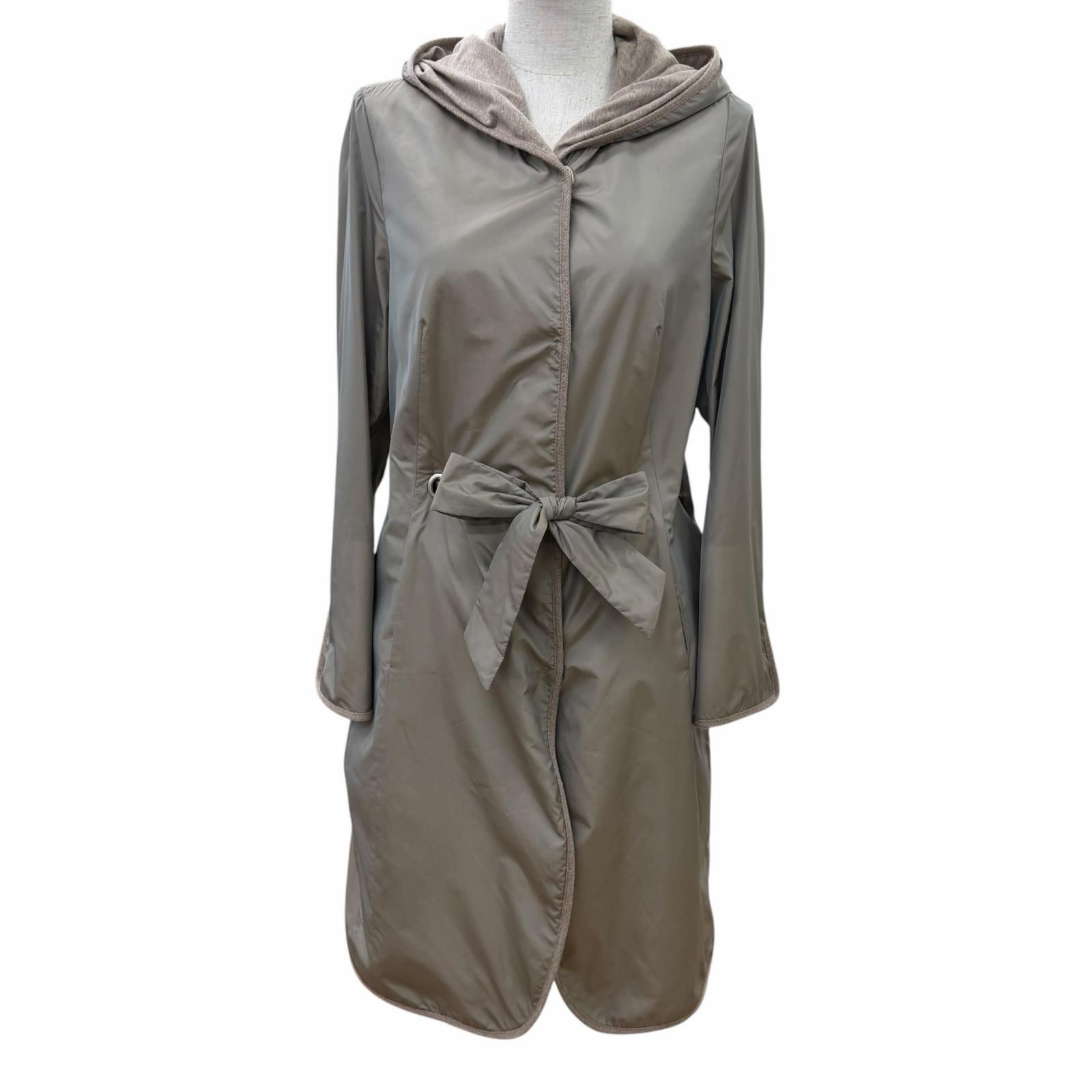 極美品☆Brunello Cucinelli ブルネロクチネリ DD51418 フーデッド ベルト付 コート グレージュ 44 イタリア製 正規品 レディース ハンガー付き