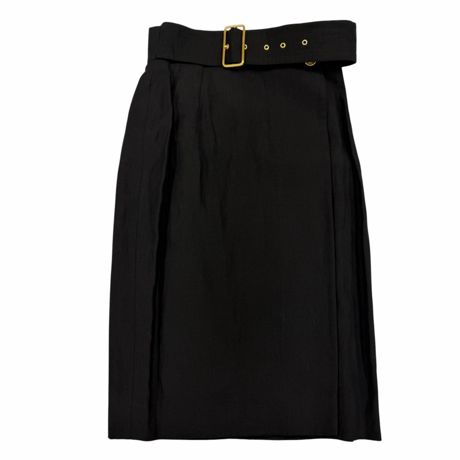 美品☆GUCCI グッチ シルク リネン トムフォード期 ロゴボタン付 ベルト付 タイト ラップスカート ブラック 38 イタリア製 レディース
