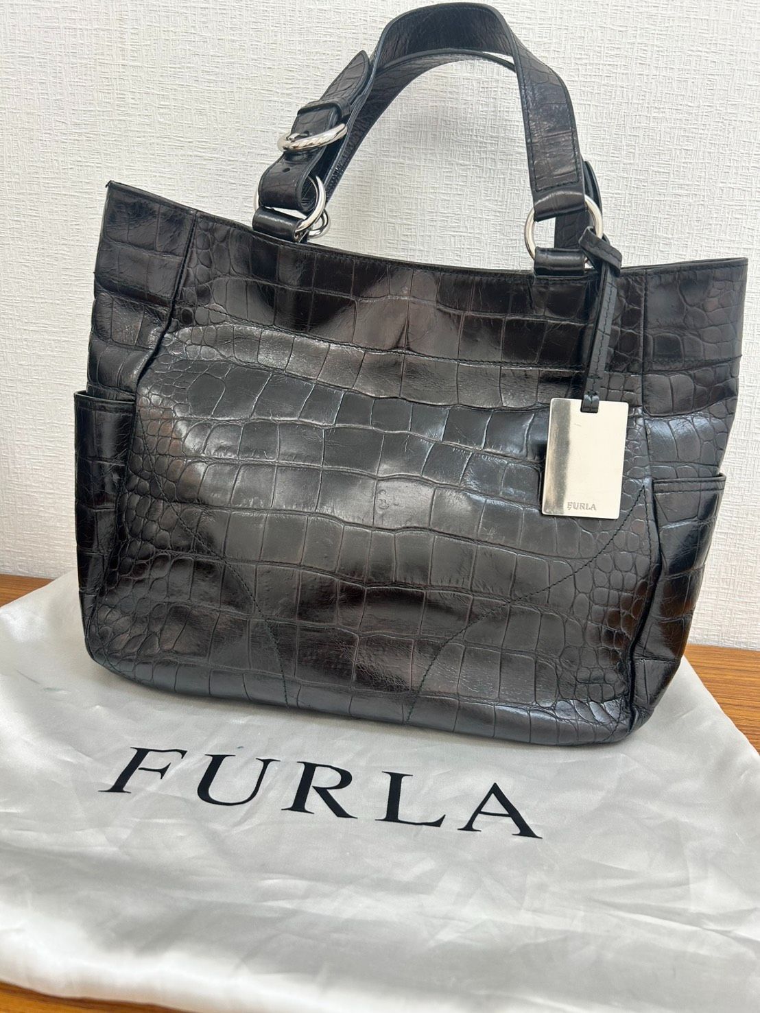 R【中古品】FURLA フルラ ハンドバッグ クロコ型押し レザー トート 