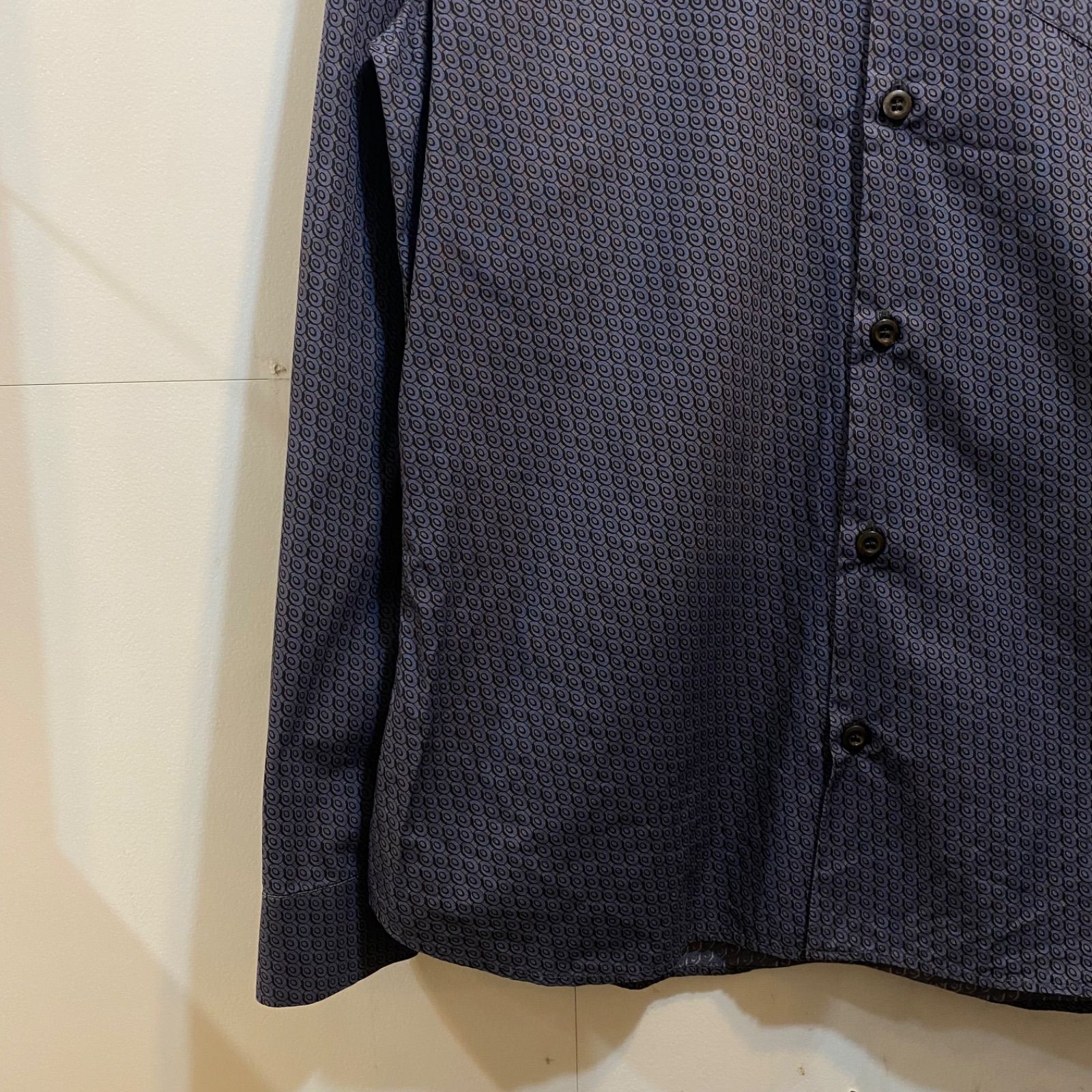 美品 プラダ イタリア製 高級コットン総柄シャツ 比翼 38/15 S~M