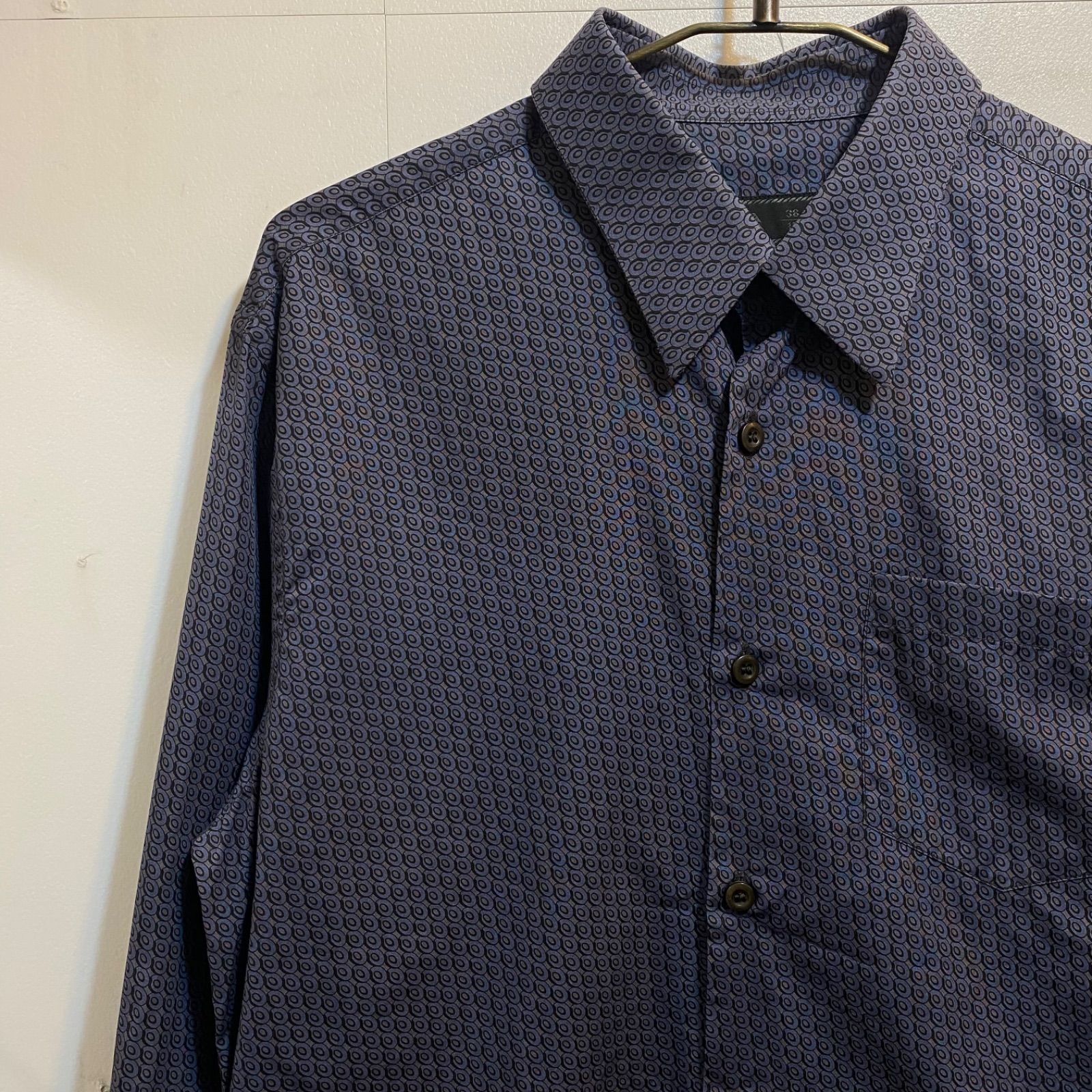 美品 プラダ イタリア製 高級コットン総柄シャツ 比翼 38/15 S~M