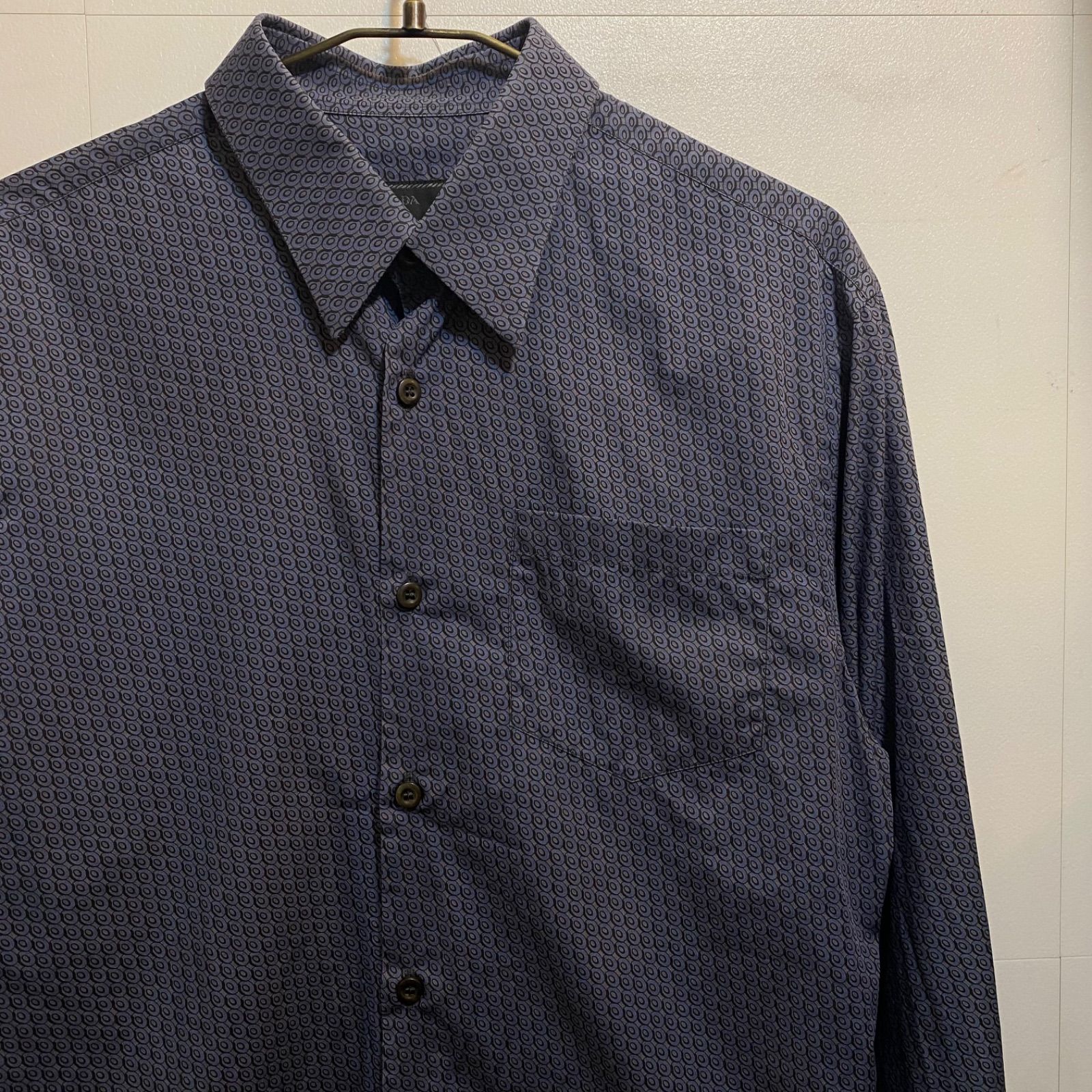 美品 プラダ イタリア製 高級コットン総柄シャツ 比翼 38/15 S~M