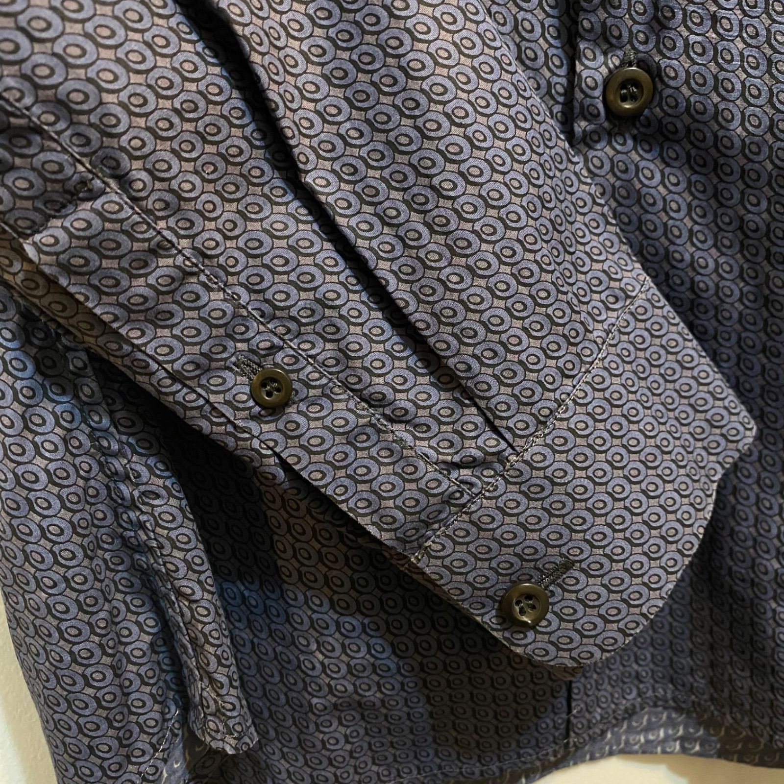 美品 プラダ イタリア製 高級コットン総柄シャツ 比翼 38/15 S~M